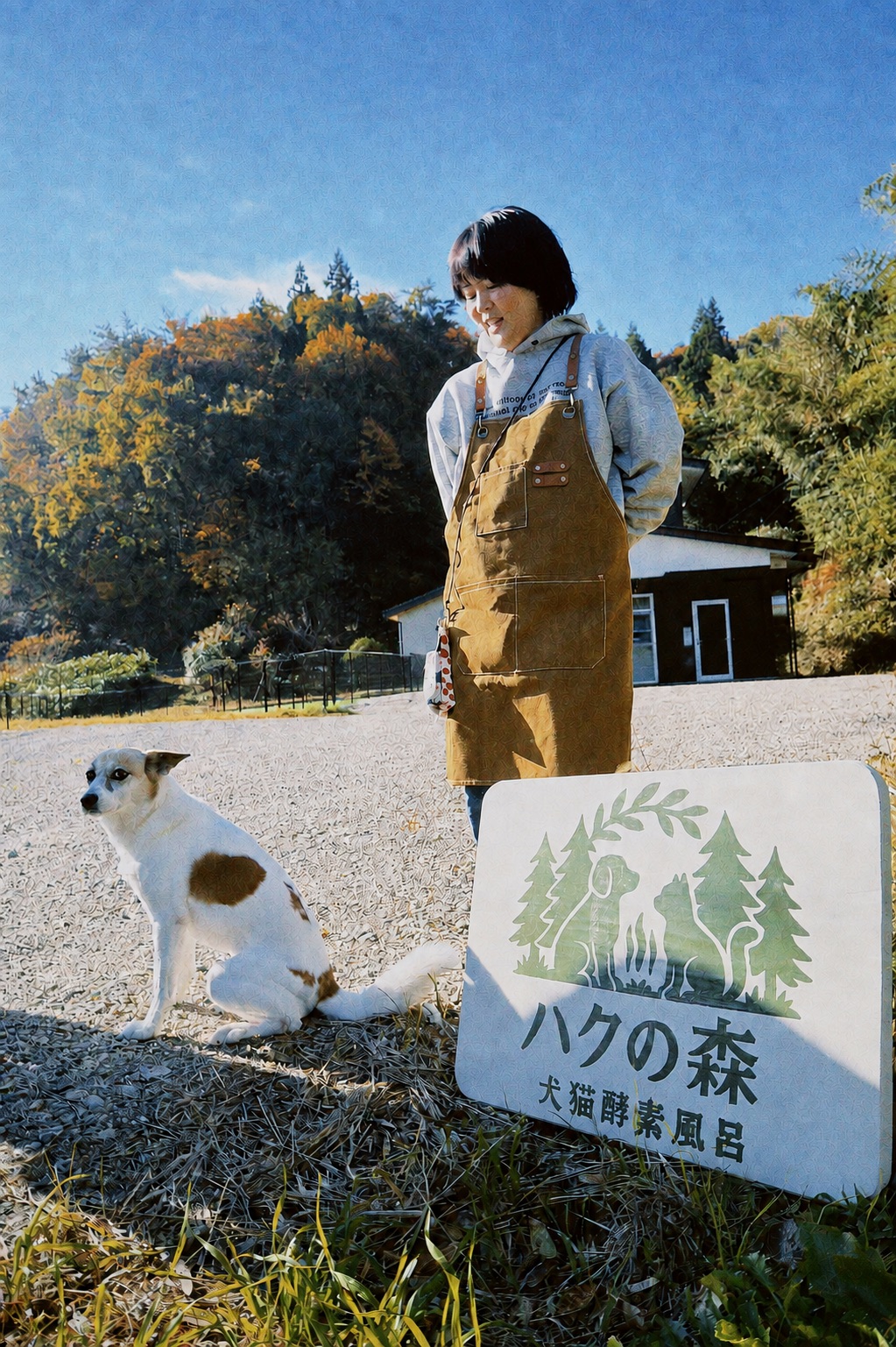 ハクの森の看板のそばに立つ店主と、足もとに座る犬。背景は秋の山なみ